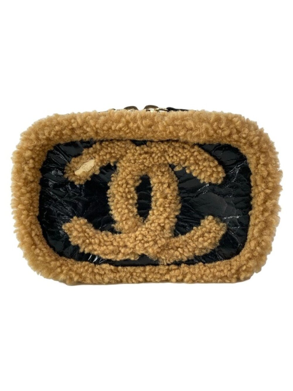 Chanel Waist Pouch CC Mania Black Light Brown Gold CC Logo Shearling